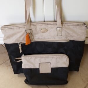 Coach Black & Tan Nylon Zippered Tote Bag